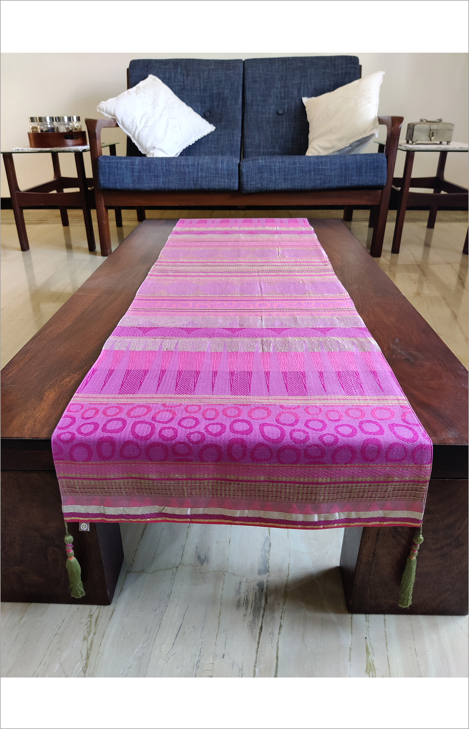 Handloom Organic Cotton Table Runner Pinkish Green Striped